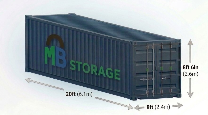 Size guide diagram of a 20ft by 8ft MB Storage container showing external dimensions
