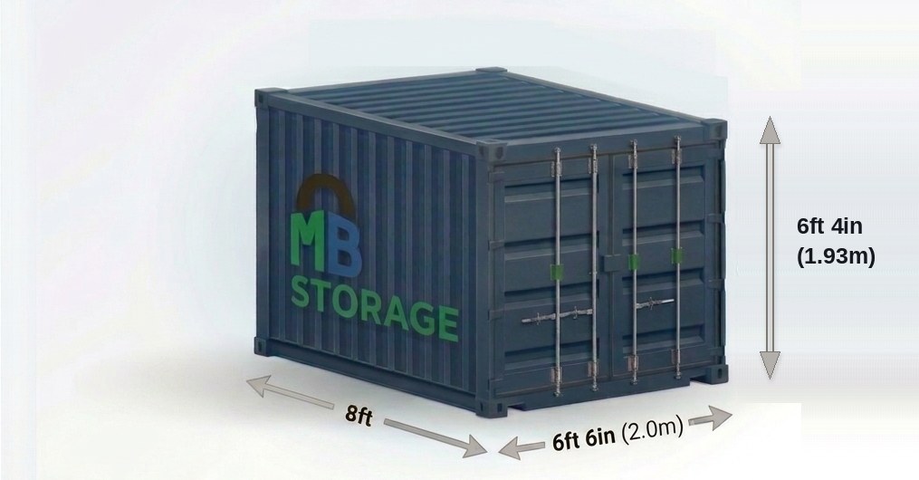 Size guide diagram of an 8ft by 6ft 6in MB Storage container showing external dimensions